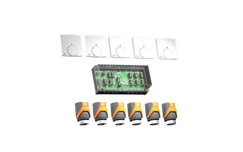 Alre SET 31 Set for fully automatic hydraulic balancing consisting of 5 surface-mounted room thermostats, 1 terminal strip and 6 actuators