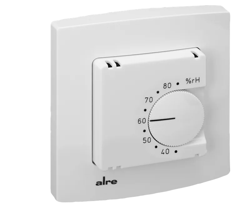 Alre FHY 101.060#21 Room hygrostat, flush-mounted, 24V AC to 230V AC, 35…85% rH, two-way contact, alre frame, cover 50x50mm, pure white, gloss