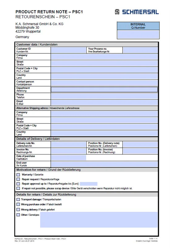 Schmersal Return Note PROTECT PSC1