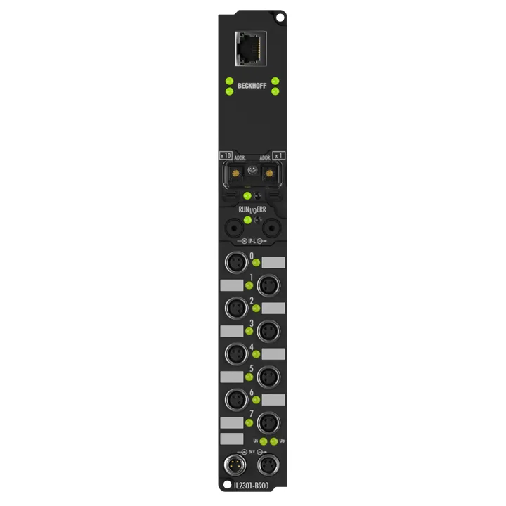 Beckhoff IL2301-B900 Coupler Box, 4-channel digital input + 4-channel digital output, Ethernet, 24 V DC, 3 ms, 05 A, M8