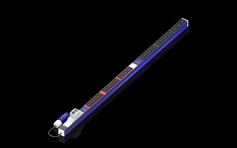 Rittal DK 7979.615 PDU with local power measurement, blue version, 24x C13, 6x C19, 2-pole with earthing contact, black, WxHxD: 44x1308x47 mm