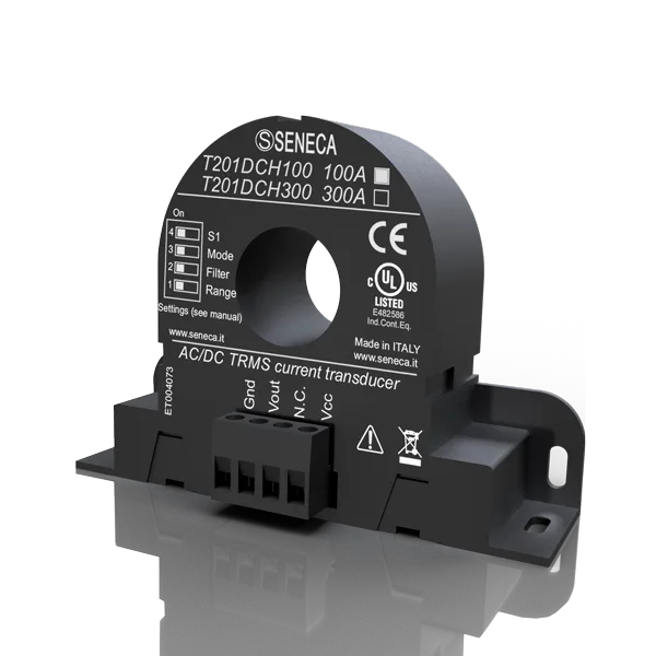 Seneca T201DCH100 AC/DC contactless TRMS current (± 100 A) transducer, Hall Effect with 010 V AO