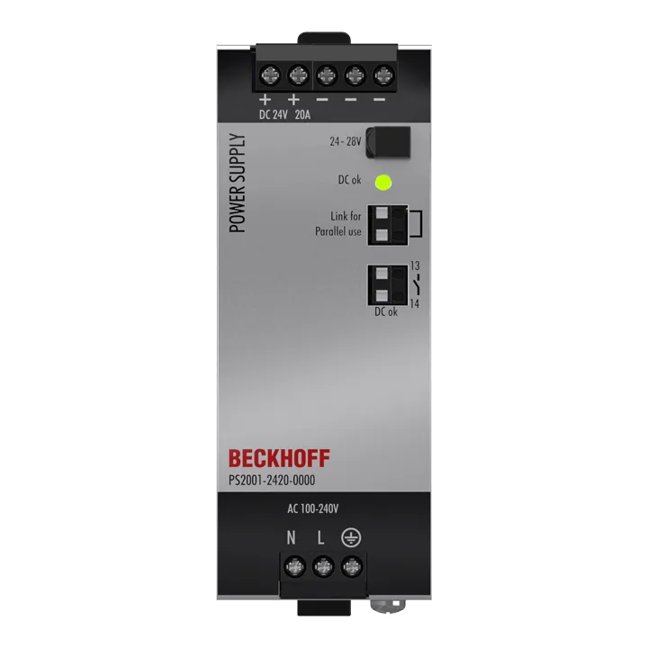Beckhoff PS2001-2420-0000 Power supply PS2000; output: 24 V DC, 20 A; input: AC 100…240 V/DC 110…150 V, 1-phase
