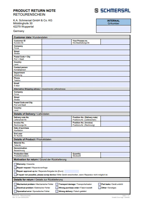 Schmersal general product return note