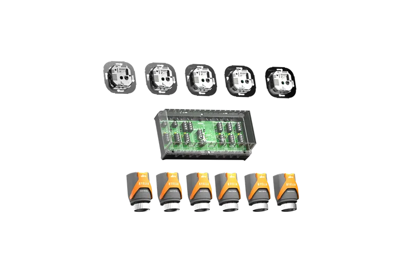 Alre SET 32 Set for fully automatic hydraulic balancing consisting of 5 flush-mounted room thermostats, 1 terminal strip and 6 actuators