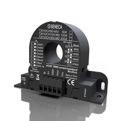 Seneca T201DCH50-MU AC/DC contactless TRMS current (± 50 A) transducer, Hall Effect with 010 V AO/alarm output and ModBUS interface