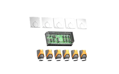 Alre SET 31 Set for fully automatic hydraulic balancing consisting of 5 surface-mounted room thermostats, 1 terminal strip and 6 actuators