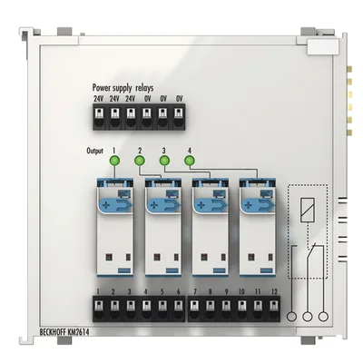 Beckhoff KM2614 Bus Terminal module, 4-channel relay output, 230 V AC, 16 A, manual/autom operation
