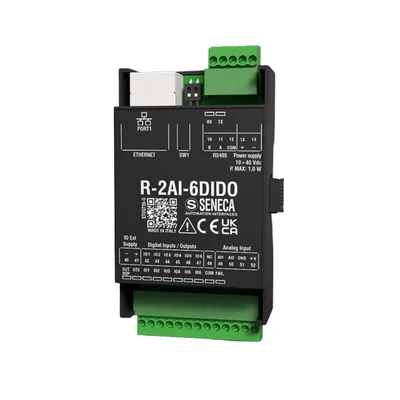 Seneca R-2AI-6DIDO Ethernet module, 2 analog inputs with 16-bit ADC, and 6 digital inputs/outputs